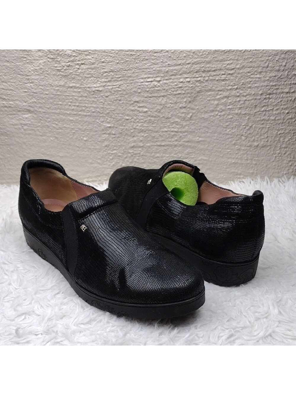 Beautifeel Black Textured Suede Leather Round Toe Platform Slip On Casual Shoe